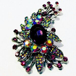 LARGE CRYSTAL FLOWER FLORAL SPRAY BROOCH PURPLE & AURORA BOREALIS RHINESTONES
